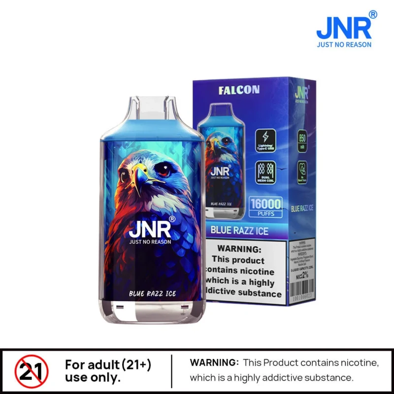JNR Falcon disposable vape in Blue Razz Ice flavor with a bold falcon design, featuring 16000 puffs, Type-C charging, and dual mesh coil
