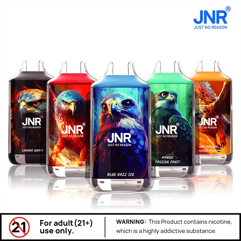 JNR Falcon disposable vapes in Sakura Grape, Cherry Lemon, Blue Razz Ice, Mango Passion Fruit, and Watermelon Mango Peach flavors, each with falcon artwork