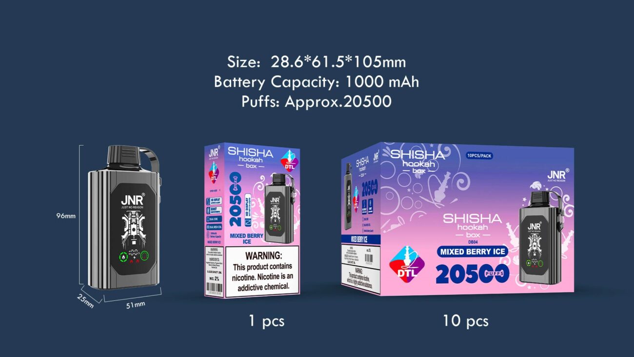 Black JNR Shisha Hookah Box vape in Mixed Berry Ice flavor with approx. 20500 puffs, shown with single and 10-pack packaging