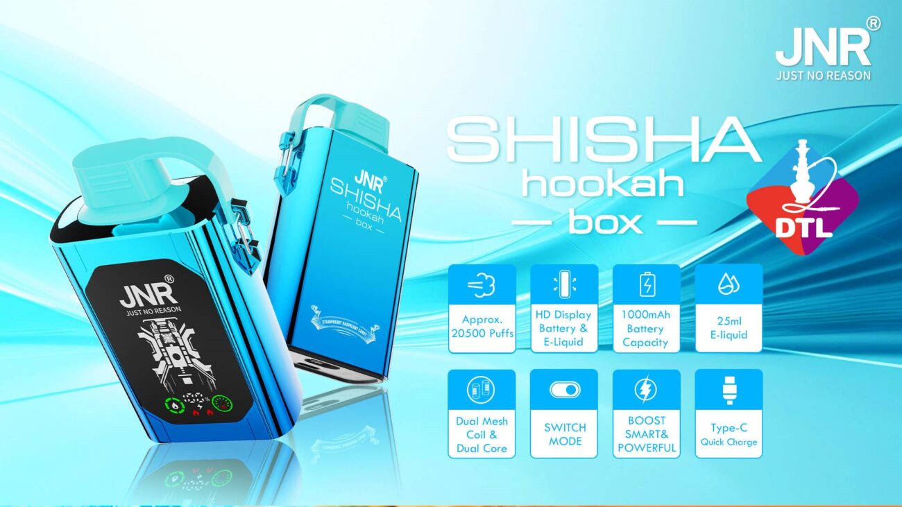 Blue JNR Shisha Hookah Box vape device with 20500 puffs, HD display, 1000mAh battery, and Type-C charging