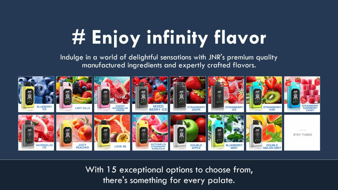A variety of 15 JNR shisha vape devices displayed with fruity flavors including blueberry, strawberry, peach, kiwi, and more