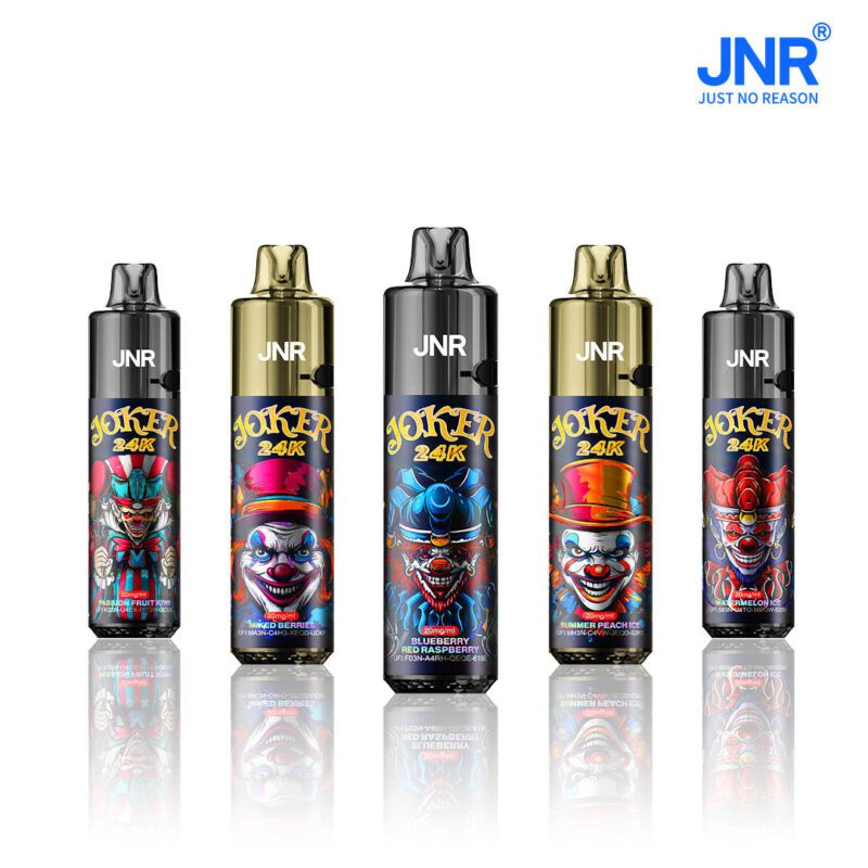 A collection of JNR Joker 24K disposable vapes featuring striking clown-themed designs and flavors like passion fruit kiwi, mixed berries, blueberry red raspberry, shimmer peach ice, and watermelon ice.