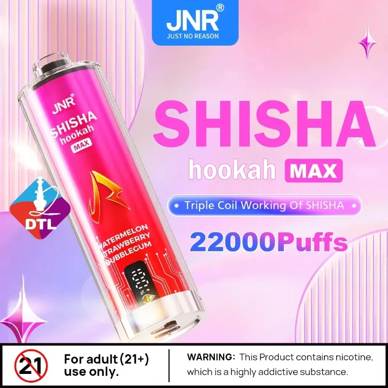 JNR Shisha Hookah Max avec 22000 Puffs, triple coil, et saveurs fruitées de pastèque, fraise et bubblegum.